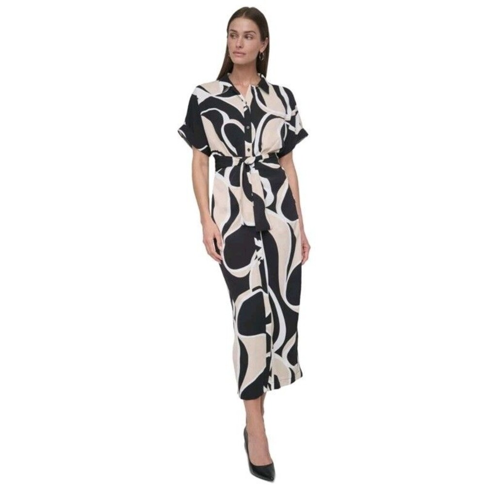 DKNY Abstract Geo Print Midi Shirt Dress Neutral Earthy Mod Retro Chic Size 12